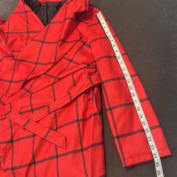 Women’s Red Turn Down Collar Wrap Trench Coat Grid Pattern Belted XL (**tagXXL) - Picture 11 of 13